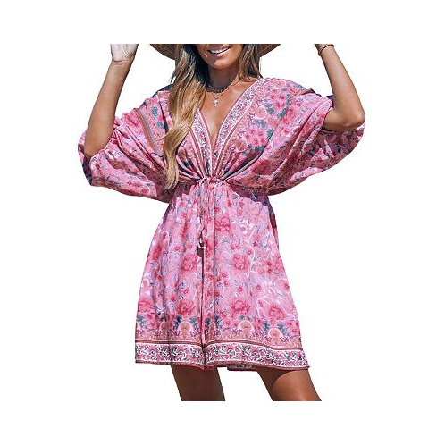 CUPSHE Womens Pink Floral Plunging Blouson Sleeve Mini Beach Dress