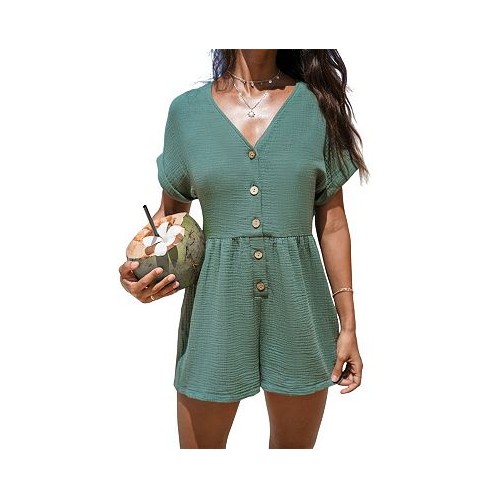 CUPSHE Womens Green Crinkle Front Button Wide Leg Romper