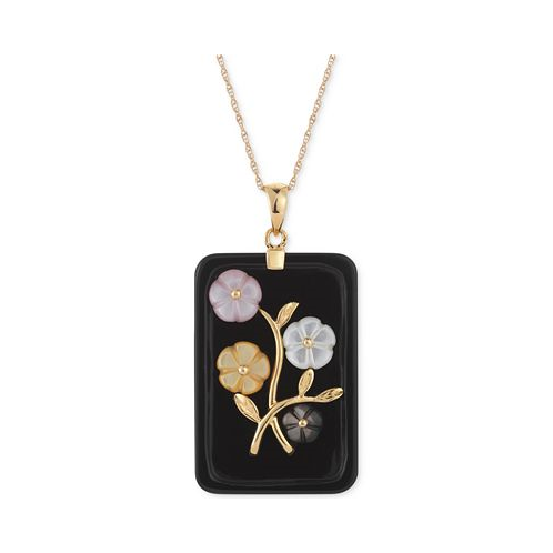 Macys Jade or Onyx Carved Flower Pendant Necklace (25x38mm) in 14k Gold-Plated Sterling Silver
