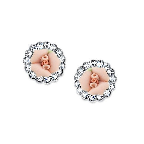 2028 Silver-Tone Crystal and Pink Porcelain Rose Button Earrings