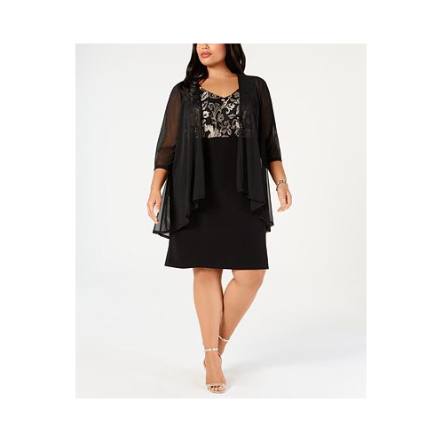 Connected Plus Size Metallic Embroidered Dress & Mock Jacket