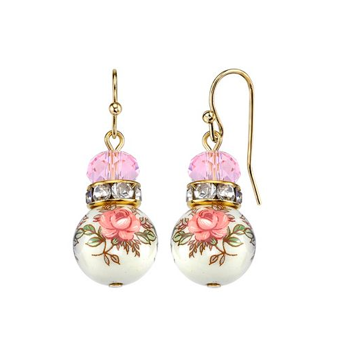 2028 Gold Tone Lt. Rose Pink and Floral Beaded Drop Earrings