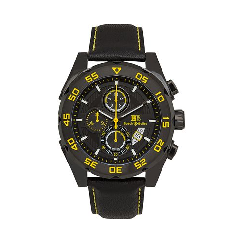 Buech & Boilat Torrent Mens Chronograph Watch Black Leather Strap Black and Yellow Dial 44mm