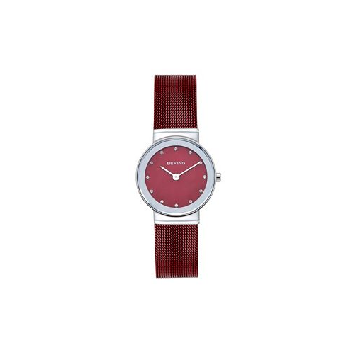 Bering Womens Crystal Red Stainless Steel Mesh Bracelet Watch 26mm