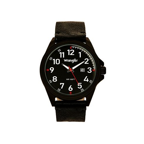 Wrangler Mens Watch 48MM IP Black Case Black Dial White Arabic Numerals Black Strap Analog Red Second Hand Date Function