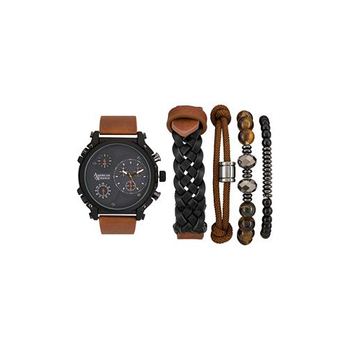 American Exchange Mens Quartz Dial Brown Leather Strap Watch 48mm and Assorted Stackable Bracelets Gift Set Set of 5