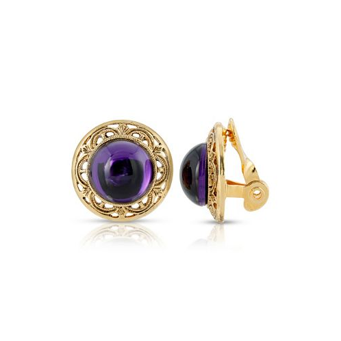 2028 Gold Tone Purple Stone Round Button Clip Earring