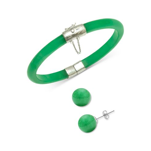 Macys 2-Pc. Set Dyed Green Jade (6mm) Bangle Bracelet & Green Jade (10mm) Stud Earrings in Sterling Silver