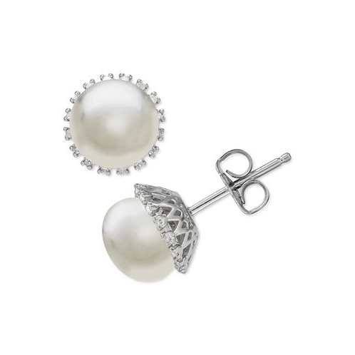 Macys Cultured Freshwater Pearl (8mm) & Diamond (1/10 ct. t.w.) Stud Earrings in Sterling Silver
