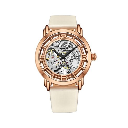 Stuhrling Womens Automatic White Genuine Leather Strap Watch 40mm