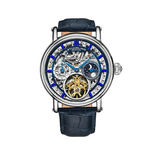 Stuhrling Mens Automatic Blue Alligator Embossed Genuine Leather Strap Watch 43mm