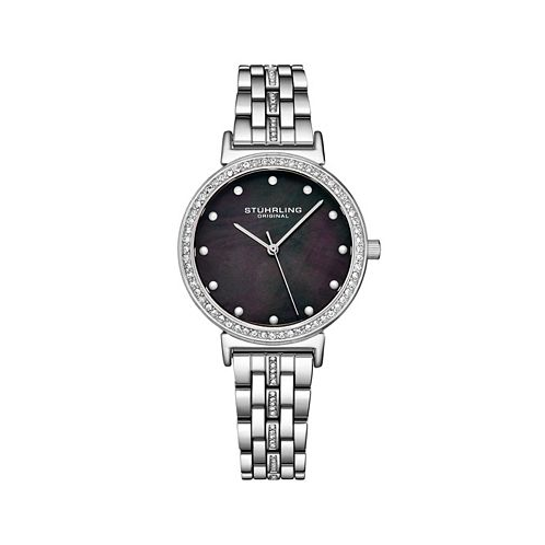 Stuhrling Womens Silver-Tone Link Bracelet with Crystals Studded Strip Watch 33mm