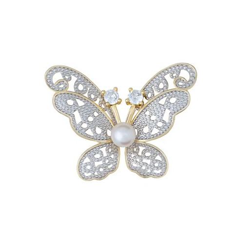 Macys Cultured Freshwater Pearl (6mm) & Cubic Zirconia Butterfly Pin in Sterling Silver & 18k Gold-Plate