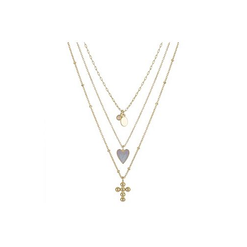 Unwritten 14K Gold Flash-Plated 3-Pieces Genuine Mother Of Pearl Heart and Cross Layered Pendants Set