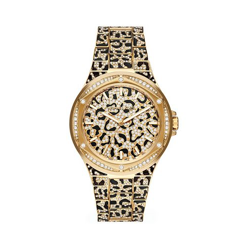 Michael Kors Womens Lennox Three-Hand Black and Gold-Tone Stainless Steel Bracelet Watch 43mm