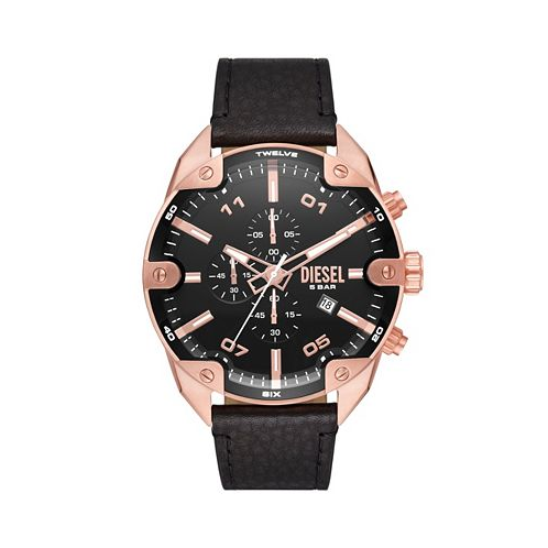 Diesel Mens Spiked Black Leather Strap Watch 49mm