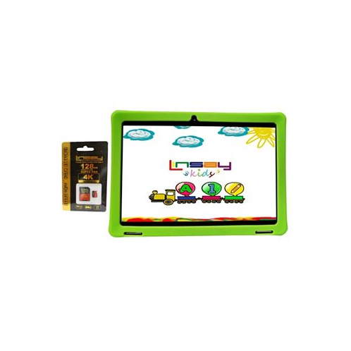 LINSAY New 10.1 Funny Kids Tablet Octa Core 128GB with Green Kids Defender Case and Micro Sd Card 128GB Newest Android 13
