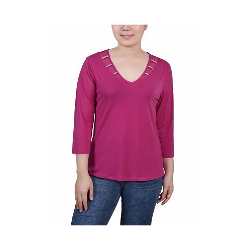 NY Collection Petite 3/4 Sleeve Top with Illusion Neckline and Stones