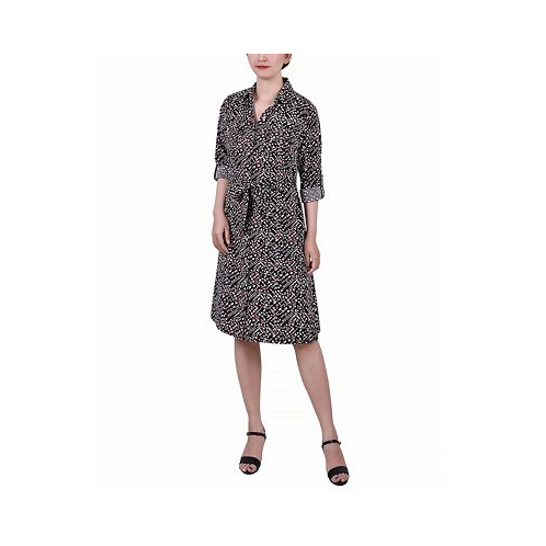 NY Collection Womens 3/4 Sleeve Roll Tab Shirtdress with Belt