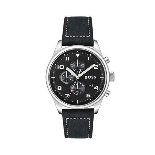 Hugo Boss Mens View Black Genuine Leather Strap Watch 44mm