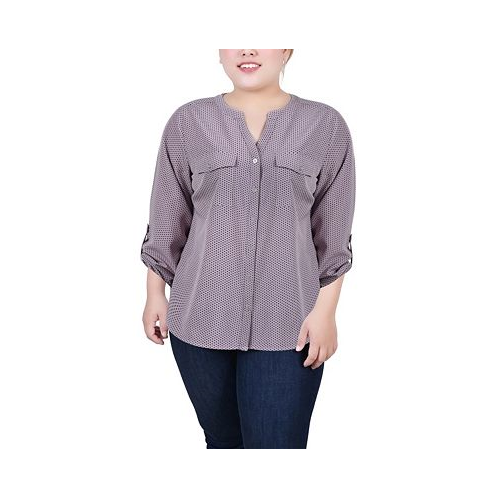 NY Collection Plus Size 3/4 Sleeve Roll Tab Y Neck Blouse
