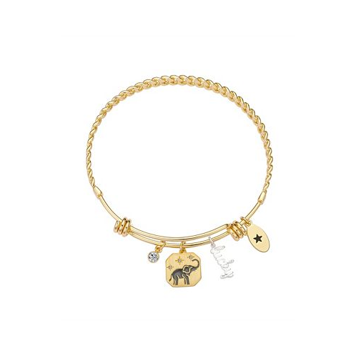 Unwritten 14K Gold Two Tone Flash-Plated Brass Cubic Zirconia Lucky Elephant Charms on A Link Design Bangle Bracelet