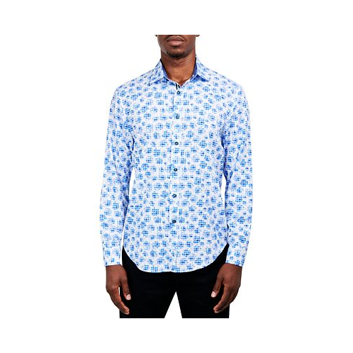 Society of Threads Mens Slim-Fit Performance Stretch Abstract Floral/Gingham Long-Sleeve Button-Down Shirt
