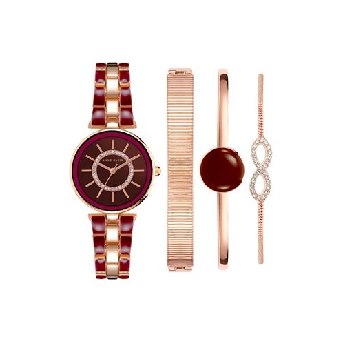 Anne Klein Womens Rose Gold-Tone Alloy Bracelet with Burgundy Enamel and Crystal Accents Fashion Watch 34mm Set 4 Pieces