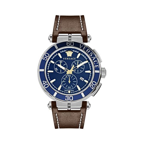 Versace Mens Swiss Chronograph Greca Brown Leather Strap Watch 45mm