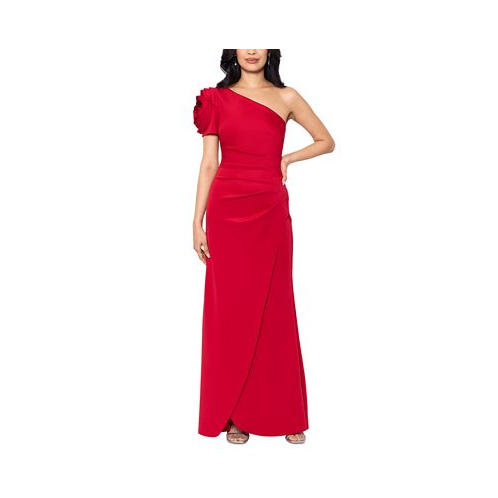 XSCAPE Womens Floral-Sleeve One-Shoulder Gown