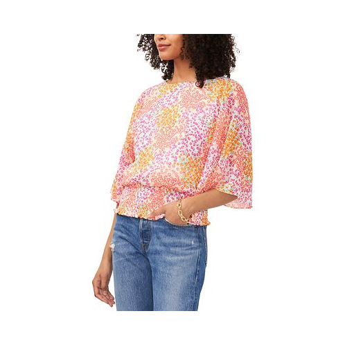 Sam & Jess Petite Printed Dolman-Sleeve Smocked-Waist Top