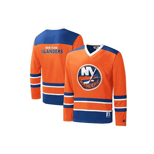 Starter Mens Orange Royal New York Islanders Cross Check Jersey V-Neck Long Sleeve T-shirt