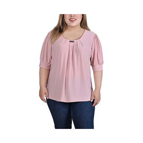 NY Collection Plus Size Short Balloon Sleeve Top with Hardware