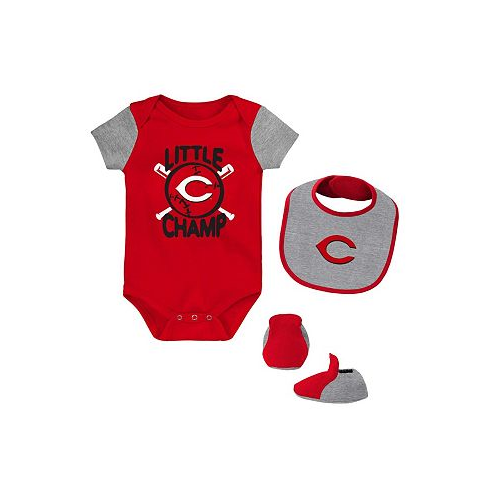 Outerstuff Newborn and Infant Boys and Girls Red Heather Gray Cincinnati Reds Little Champ Three-Pack Bodysuit Bib and Booties Set