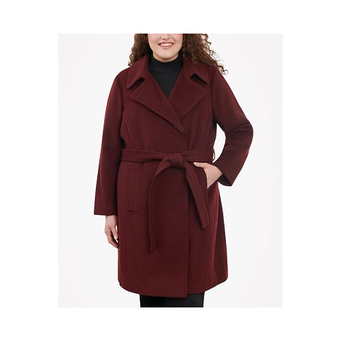 Michael Kors Womens Plus Size Belted Notched-Collar Wrap Coat