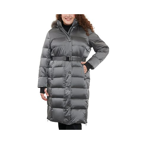 Michael Kors Womens Plus Size Shine Belted Faux-Fur-Trim Hooded Puffer Coat