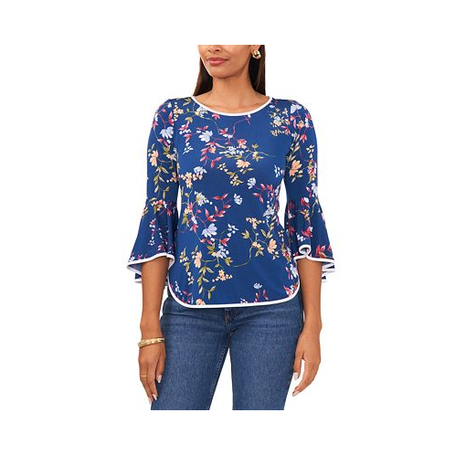 Sam & Jess Petite Floral-Print Bell-Sleeve Piped Top