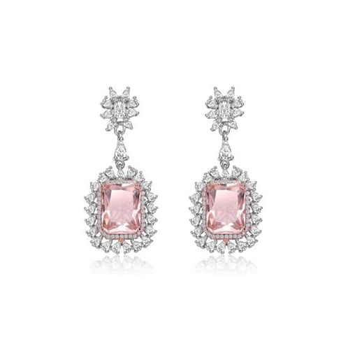 Genevive Sterling Silver with White Gold Plated Morganite Cushion with Clear Cubic Zirconia Halo Drop Earrings