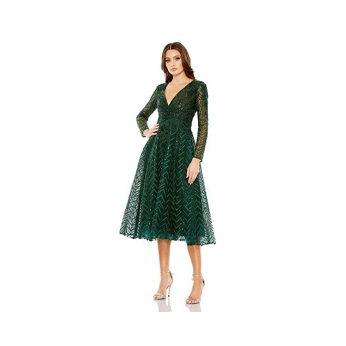 Mac Duggal Womens Embellished Long Sleeve Wrap Over Dress