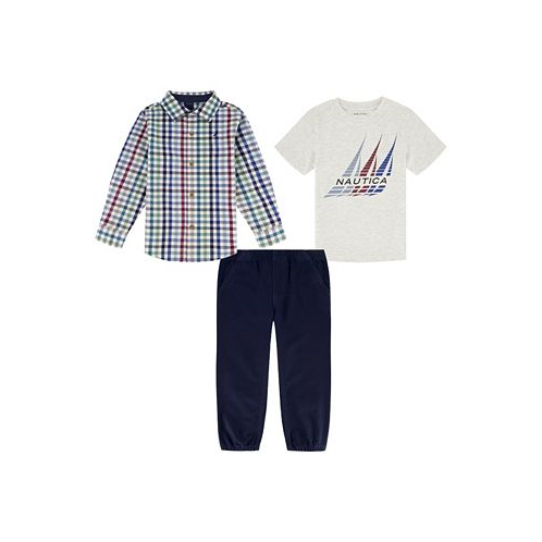 Nautica Baby Boys J-Class Logo T-shirt Check Button-Front Shirt and Twill Joggers 3 Piece Set
