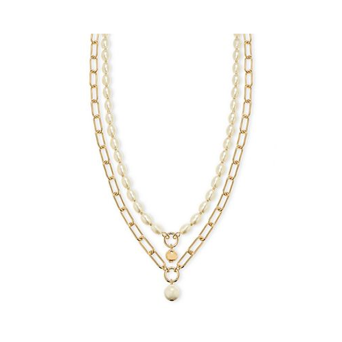 On 34th Gold-Tone Chain Link & Imitation Pearl Layered Pendant Necklace 16 + 2 extender