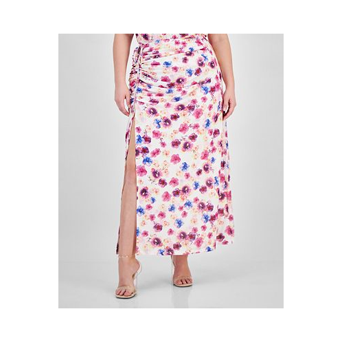 Bar III Plus Size Printed Ruched Slit-Front Mesh Maxi Skirt