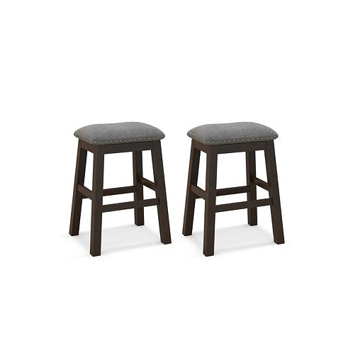 Costway Set of 2 Upholstered Saddle Bar Stools 24.5 Dining Chairs with Wooden Legs