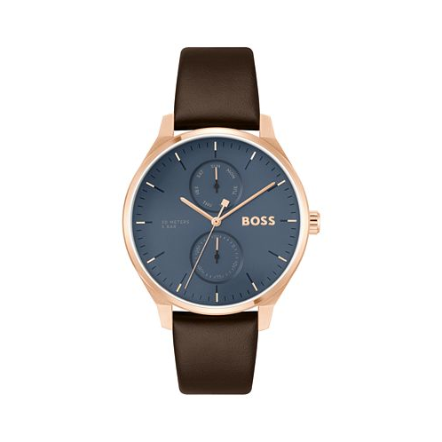 BOSS HUGO Mens Tyler Quartz Multifunction Brown Leather Watch 43mm