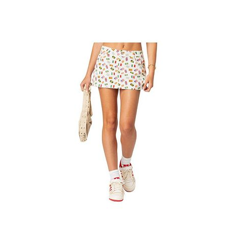 Edikted Traveler printed denim mini skirt