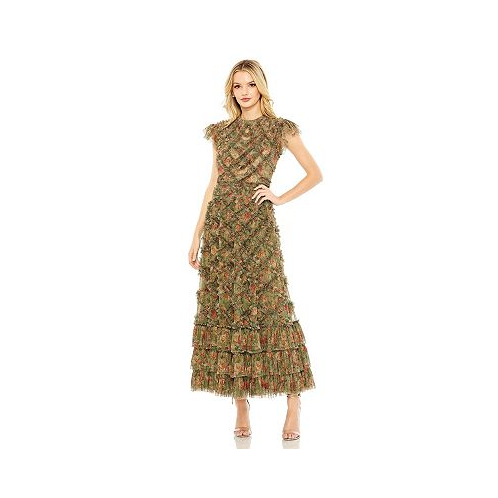 Mac Duggal Womens High Neck Ruffle Cap Sleeve Floral Dress