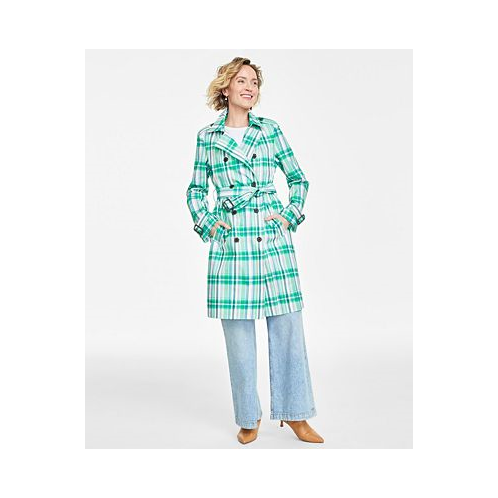 On 34th Womens Plaid Double-Breasted Trench Coat