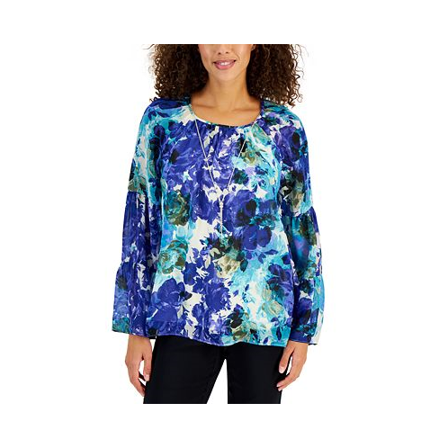 JM Collection Claudette Rose-Print Tiered-Sleeve Necklace Top