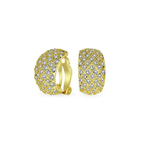 Bling Jewelry Fashion Bridal Pave Encrusted Crystal Wide Half Dome Clip On Earrings For Women Wedding Party Non Pierced Ears Yellow Gold Plated