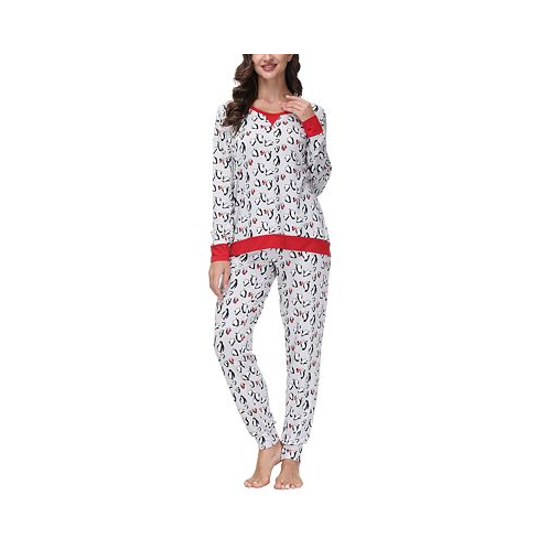 INK+IVY Womens Printed Crew Neck Long Sleeve Top with Jogger 2 Pc Pajama Set